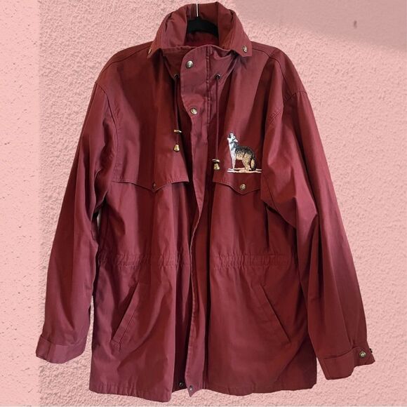Vintage burgundy utility coat anorak embroidered wolves - Picture 1 of 14